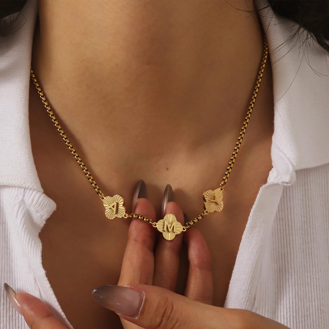 Box Chain Four Leaf Clover Letter Name Necklace