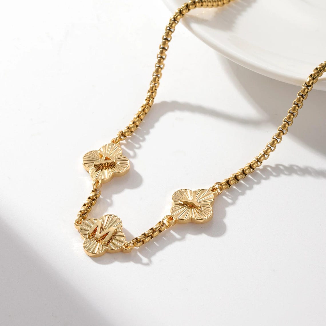 Box Chain Four Leaf Clover Letter Name Necklace