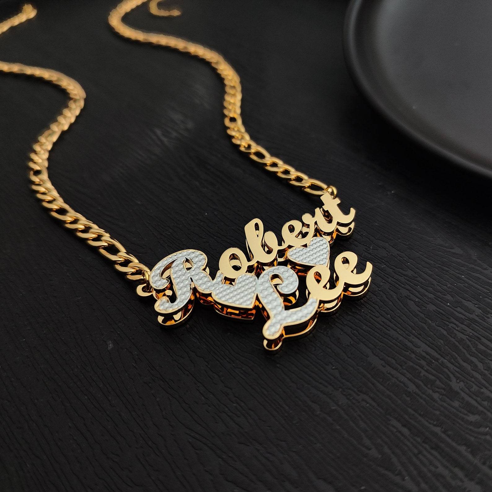 Personalized Double 3D Two Tone Name Necklace With Heart