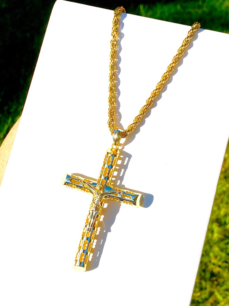 Iced Hollow Cross Necklace Gold Plated Rope Chain Necklace