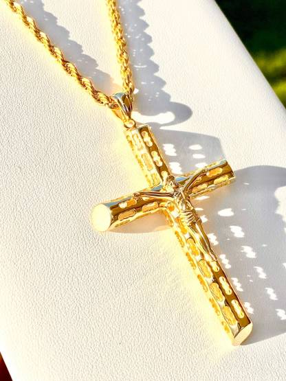 Iced Hollow Cross Necklace Gold Plated Rope Chain Necklace