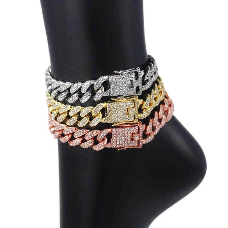 Iced Out Cubic Zirconia Cuban Link Chain Bling Anklet