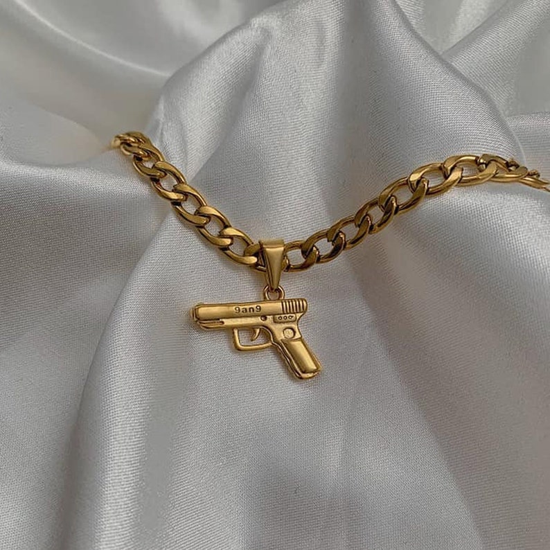 Gun Pendant Necklace Gold Plated Curb Chain Necklace