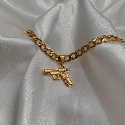 Gun Pendant Necklace Gold Plated Curb Chain Necklace
