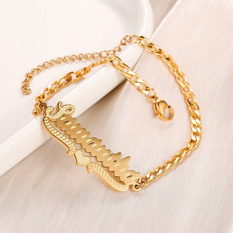 Personalized Heart Name Bracele Cuban Chain Gold Plated Bracelet