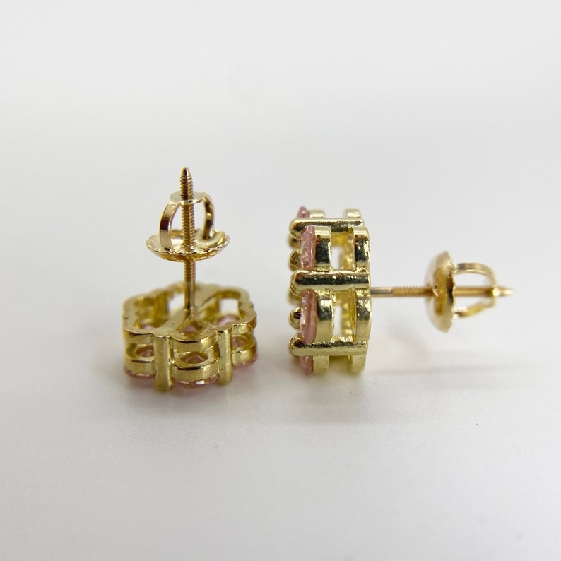 Gold Flower CZ Pink Hexagon Stud Earrings Gold Plated Diamond Cut Earrings