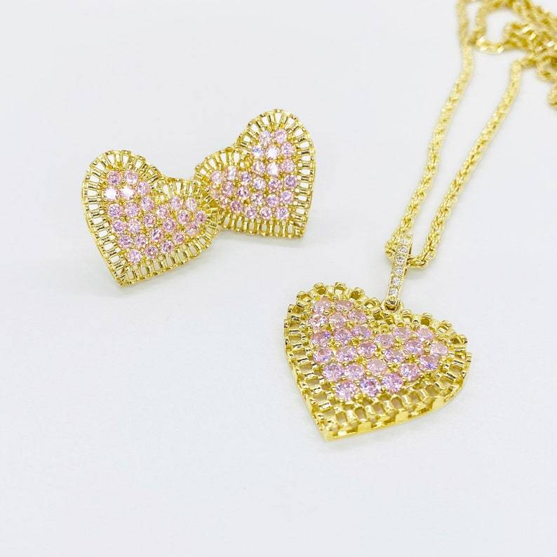 Pink White Rollie Style Heart CZ Love Pendant Charm Rolex Chain Necklace