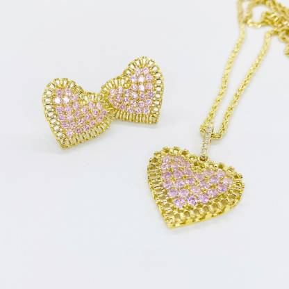 Pink White Rollie Style Heart CZ Love Pendant Charm Rolex Chain Necklace