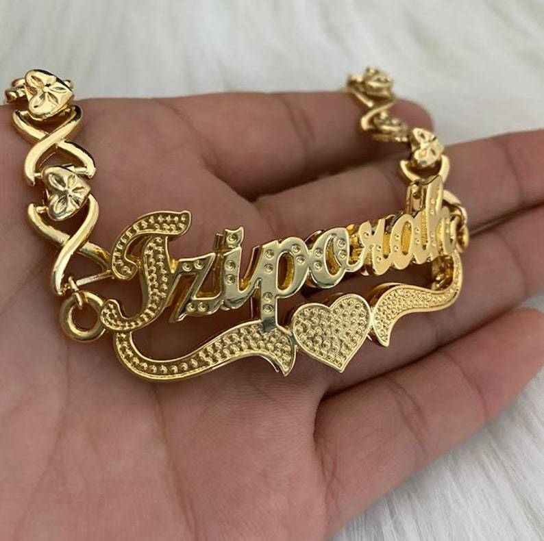 Double Layer Two Tone Love Heart Personalized Custom Gold Plated Name Bracelet