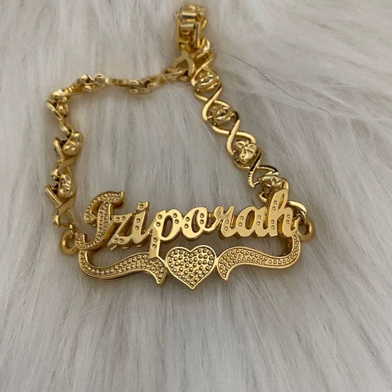 Double Layer Two Tone Love Heart Personalized Custom Gold Plated Name Bracelet