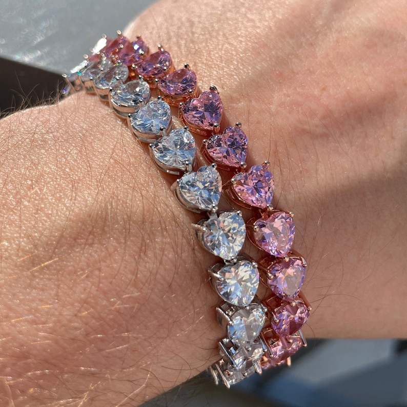Diamond Cut Heart Pendant White Gold Rose Gold Hip Hop Bracelet