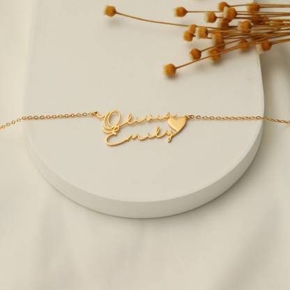 Custom Two Names Necklace with Heart Gold Plated Couple Necklace