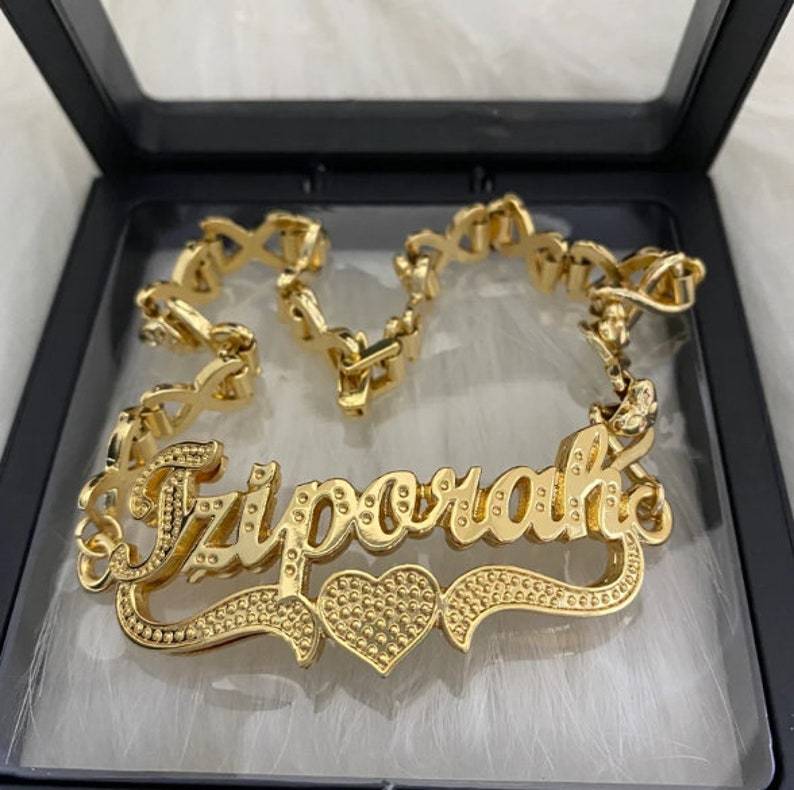 Double Layer Two Tone Love Heart Personalized Custom Gold Plated Name