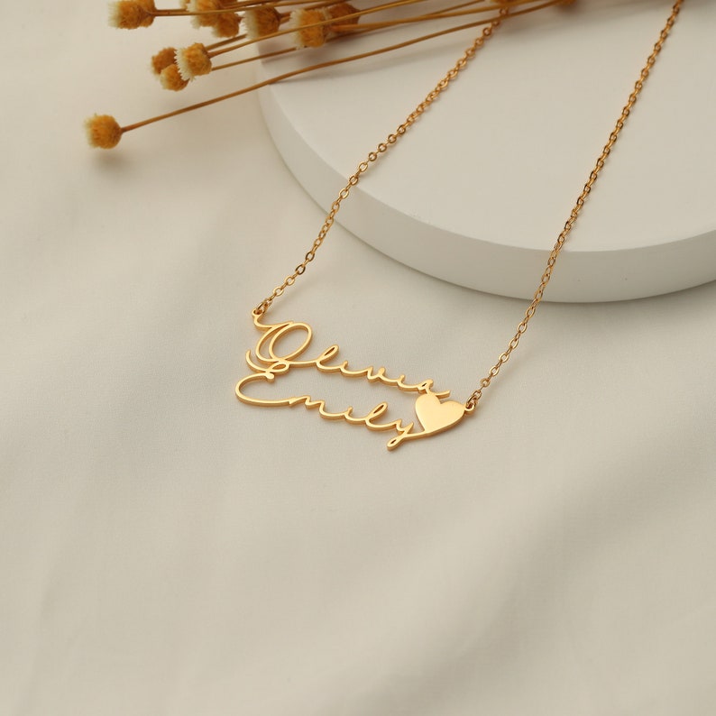 Custom Two Names Necklace with Heart Gold Plated Couple Necklace