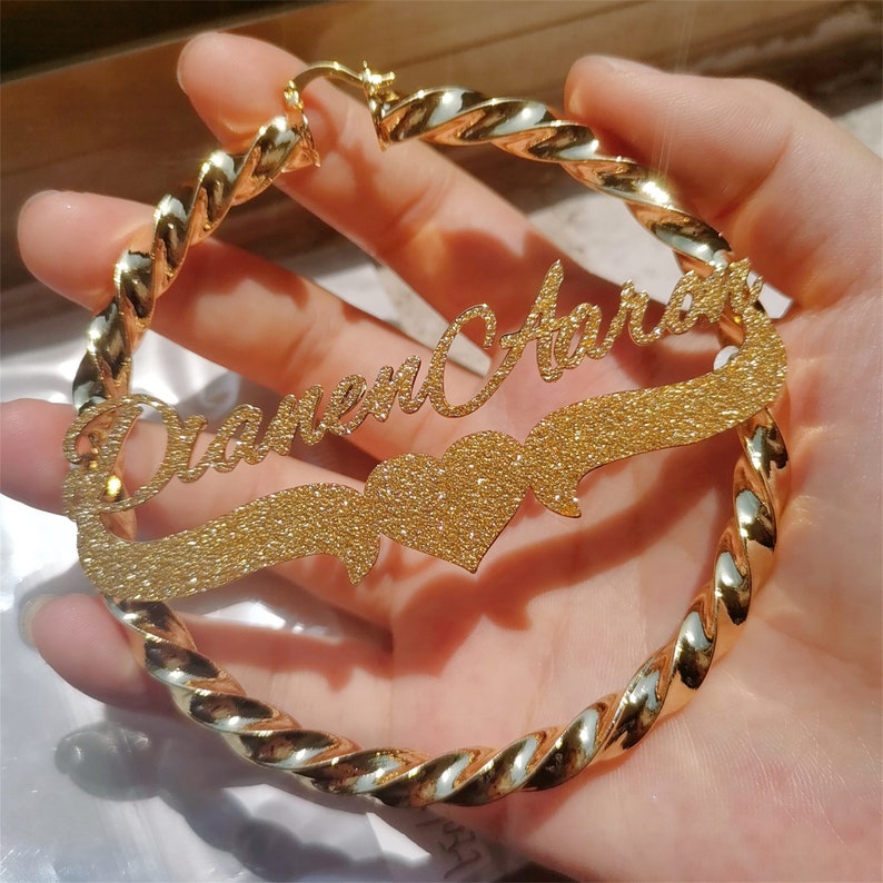 Custom Bling Name Earrings With Heart Gold Plated Earrings