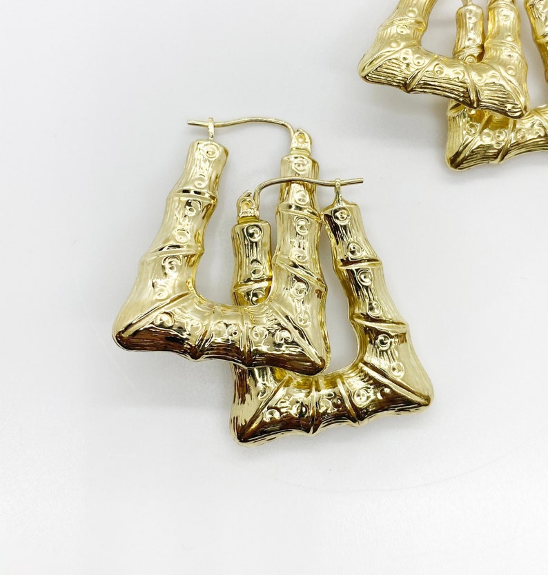 Bamboo Simple Classic Plain Square Rectangle Gold Plated Hoop Earrings