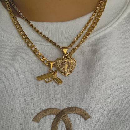 Gun Pendant Necklace Gold Plated Curb Chain Necklace
