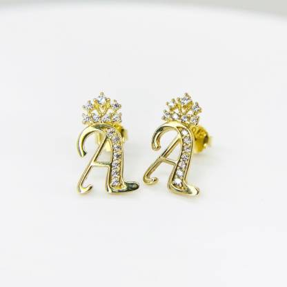 Fancy Crown Initial Letter A to Z CZ Stud Earring Personalized Custom Initial Earrings