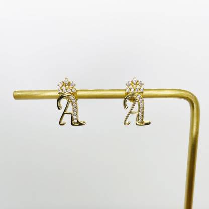 Fancy Crown Initial Letter A to Z CZ Stud Earring Personalized Custom Initial Earrings