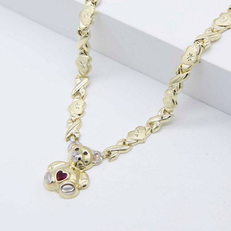 Diamond Cut Heart Kisses Teddy Bear Necklace Personalized Birthstone Necklace