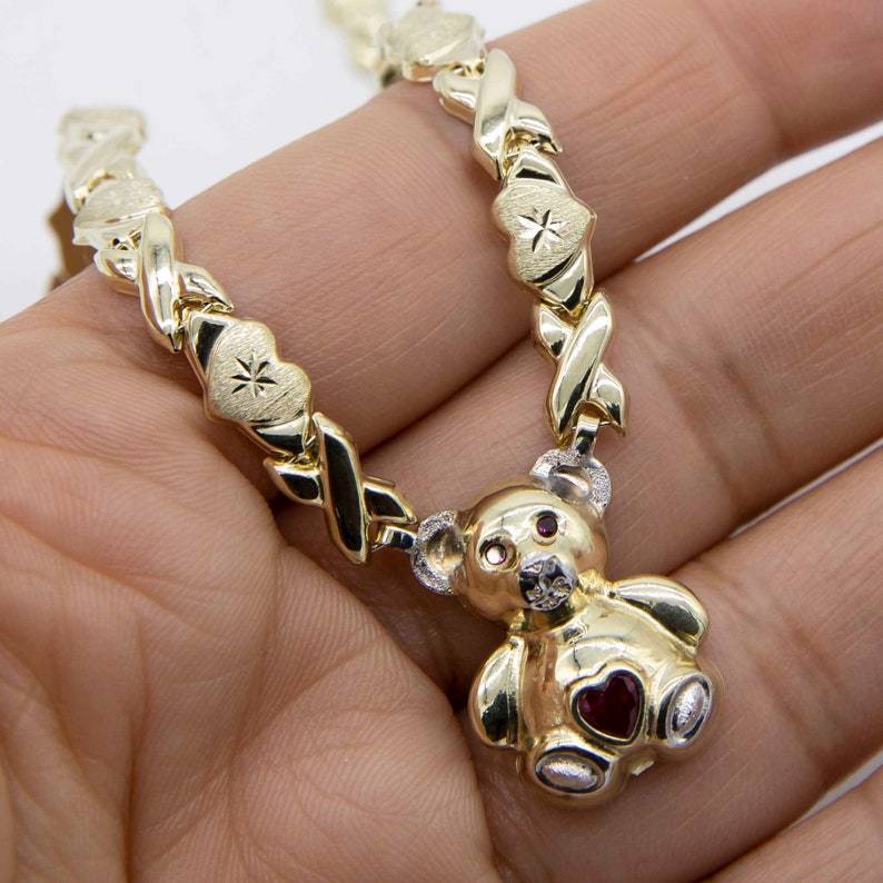 Diamond Cut Heart Kisses Teddy Bear Necklace Personalized Birthstone Necklace
