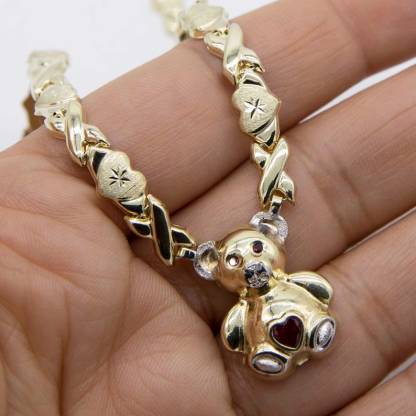 Diamond Cut Heart Kisses Teddy Bear Necklace Personalized Birthstone Necklace
