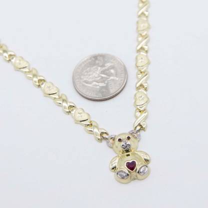 Diamond Cut Heart Kisses Teddy Bear Necklace Personalized Birthstone Necklace