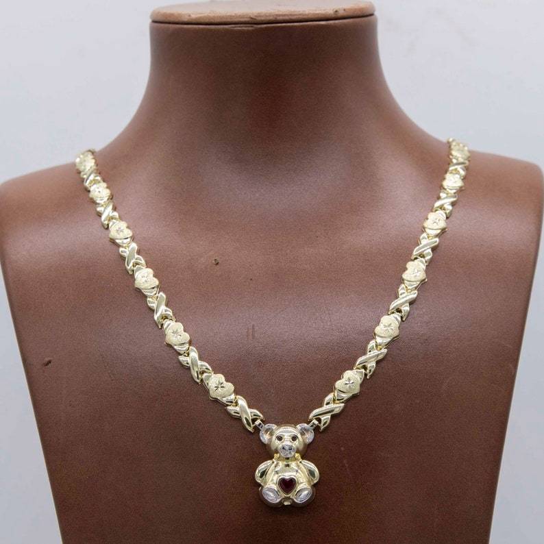 Diamond Cut Heart Kisses Teddy Bear Necklace Personalized Birthstone N