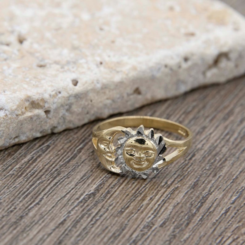 Moon & Sun Face Ring Personalized Gold Plated Engraved Ring 