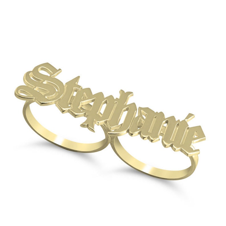Two Finger Name Ring Old English Gold Plated Personalized Name Ring