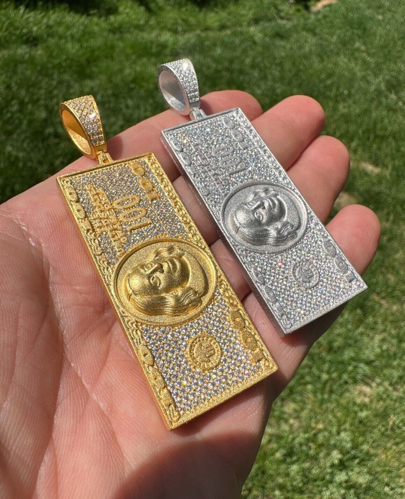 Iced Hundred Dollar Bill Benjamins Money Pendant Hip Hop Necklace