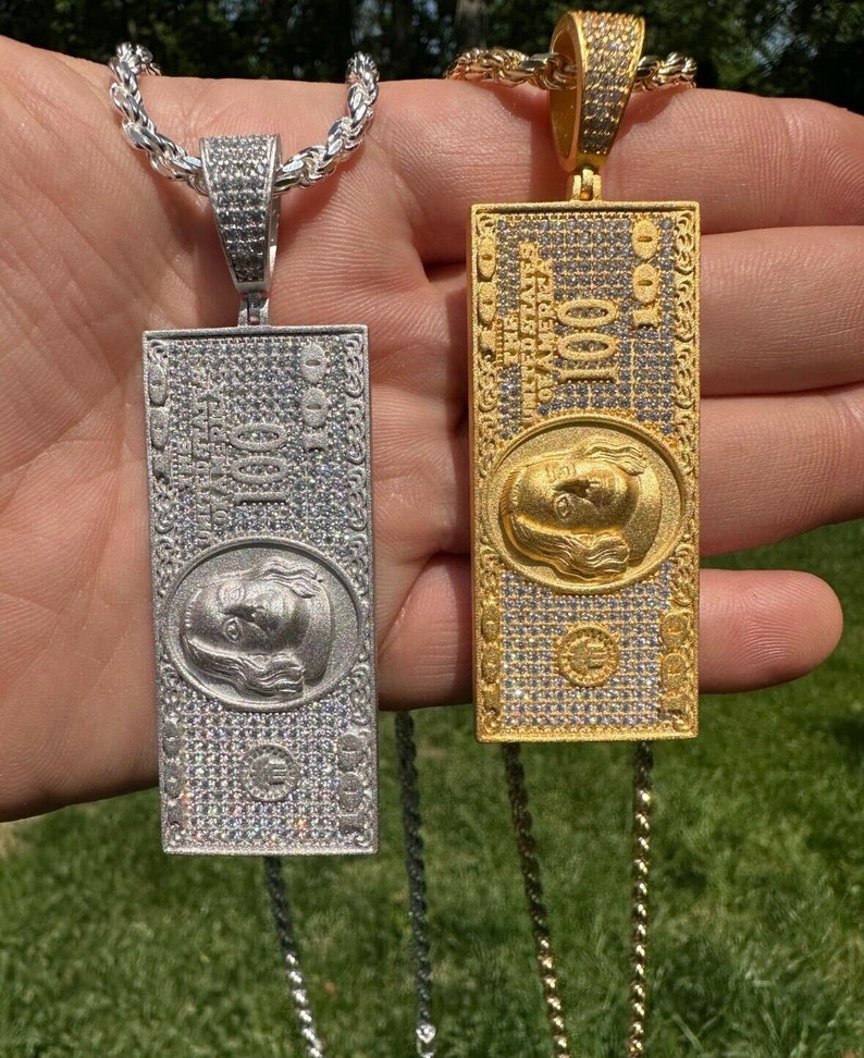 Iced Hundred Dollar Bill Benjamins Money Pendant Hip Hop Necklace