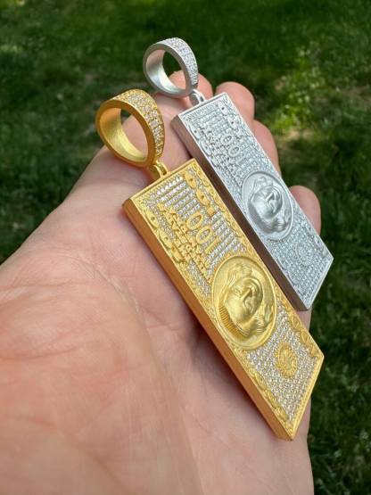 Iced Hundred Dollar Bill Benjamins Money Pendant Hip Hop Necklace