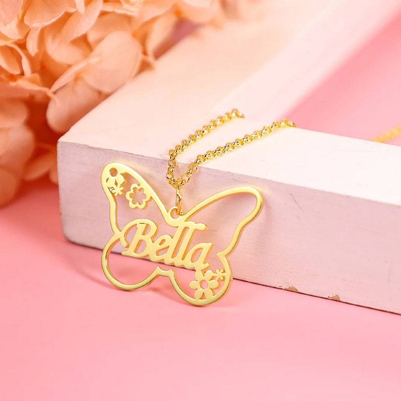 Custom Butterfly Name Necklace Gold Plated Personalized Name Necklace