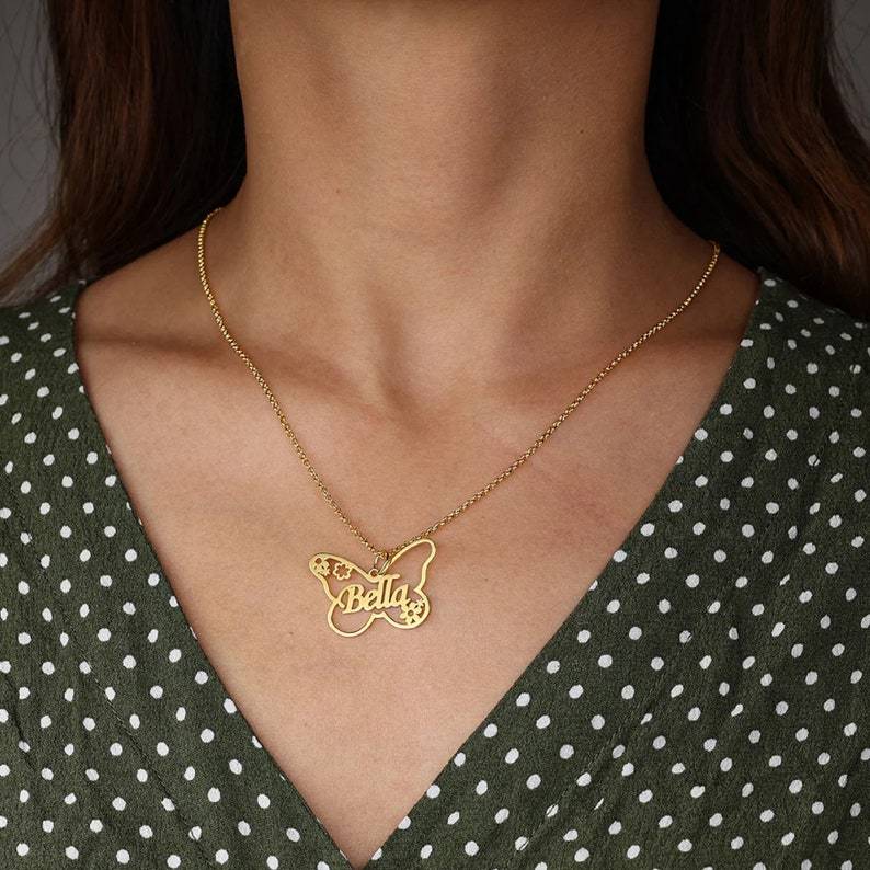 Custom Butterfly Name Necklace Gold Plated Personalized Name Necklace