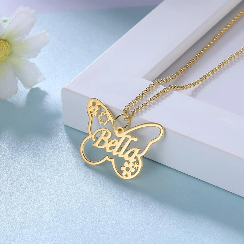 Custom Butterfly Name Necklace Gold Plated Personalized Name Necklace 