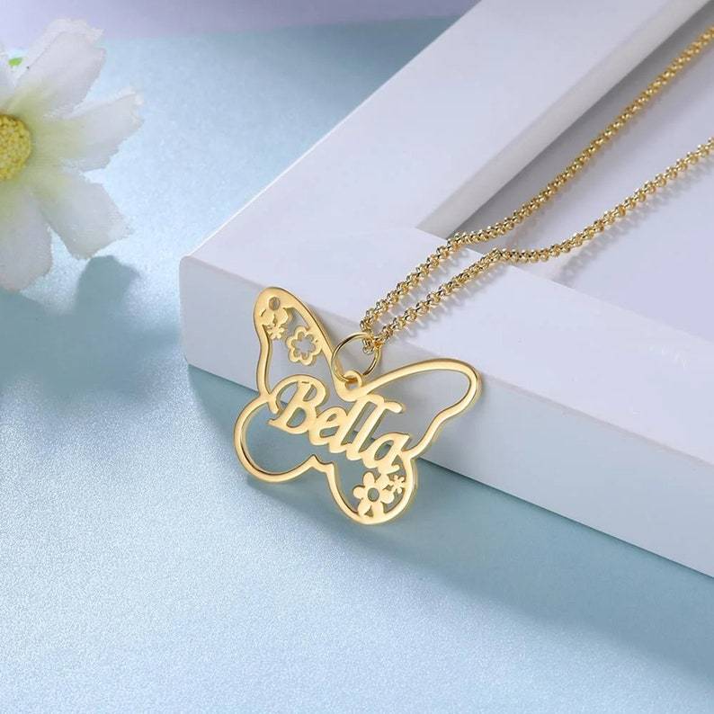 Custom Butterfly Name Necklace Gold Plated Personalized Name Necklace