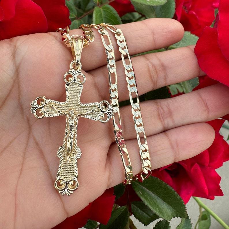 Crucifix Necklace Gold Plated Figaro Chain Cross Necklcace