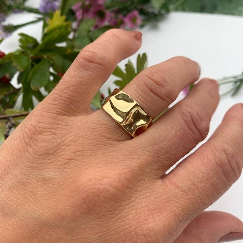 Hammered Adjustable Open Ring Gold Plated Dainty Chunky Ring