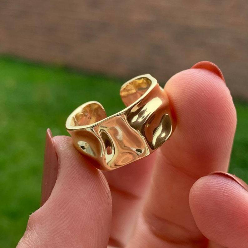 Hammered Adjustable Open Ring Gold Plated Dainty Chunky Ring