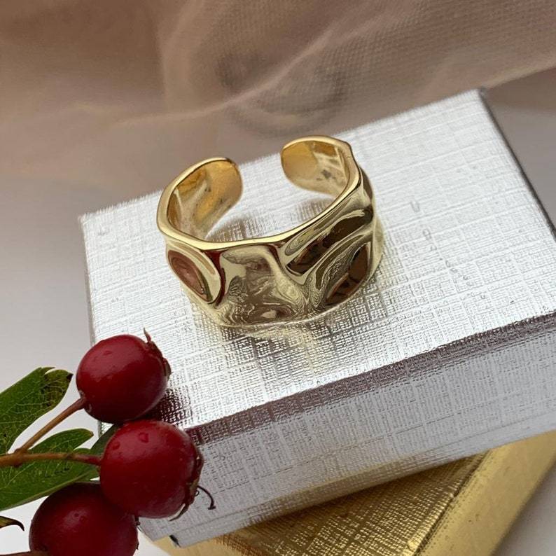 Hammered Adjustable Open Ring Gold Plated Dainty Chunky Ring