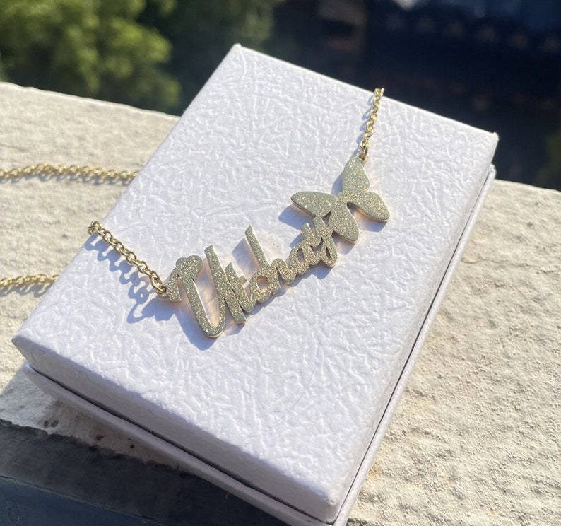 Frosted Butterfly Bling Nameplated Peronalized Name Necklace