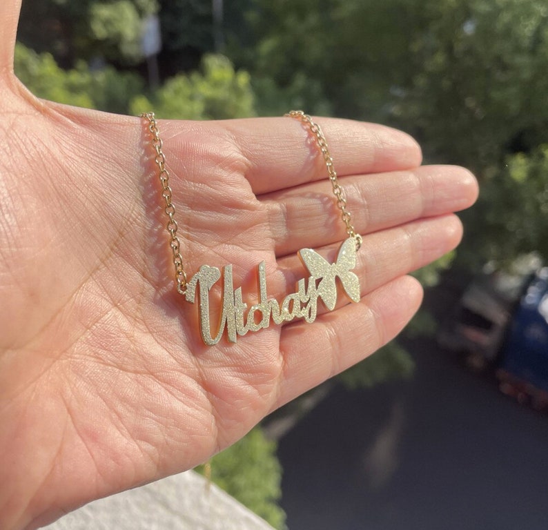 Frosted Butterfly Bling Nameplated Peronalized Name Necklace