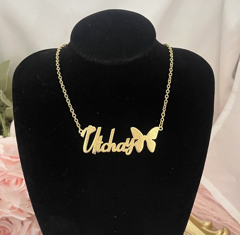 Frosted Butterfly Bling Nameplated Peronalized Name Necklace