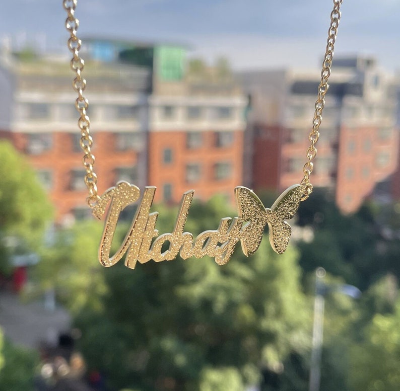 Frosted Butterfly Bling Nameplated Peronalized Name Necklace