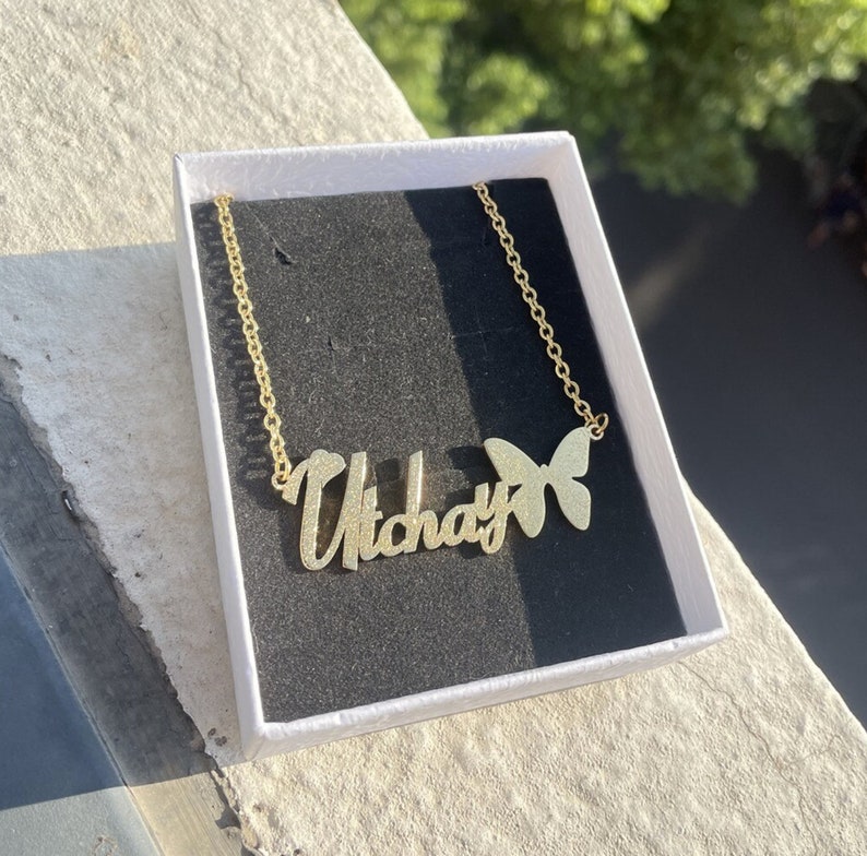 Frosted Butterfly Bling Nameplated Peronalized Name Necklace