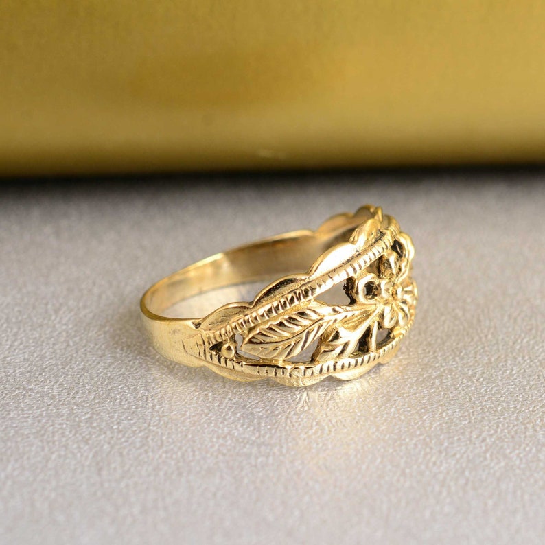 Floral Ring Custom Engraved Ring 14K Gold Plated Vintage Ring