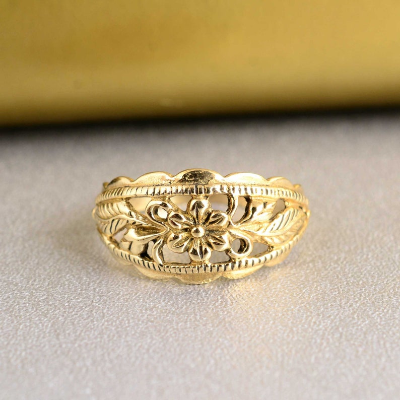 Floral Ring Custom Engraved Ring 14K Gold Plated Vintage Ring