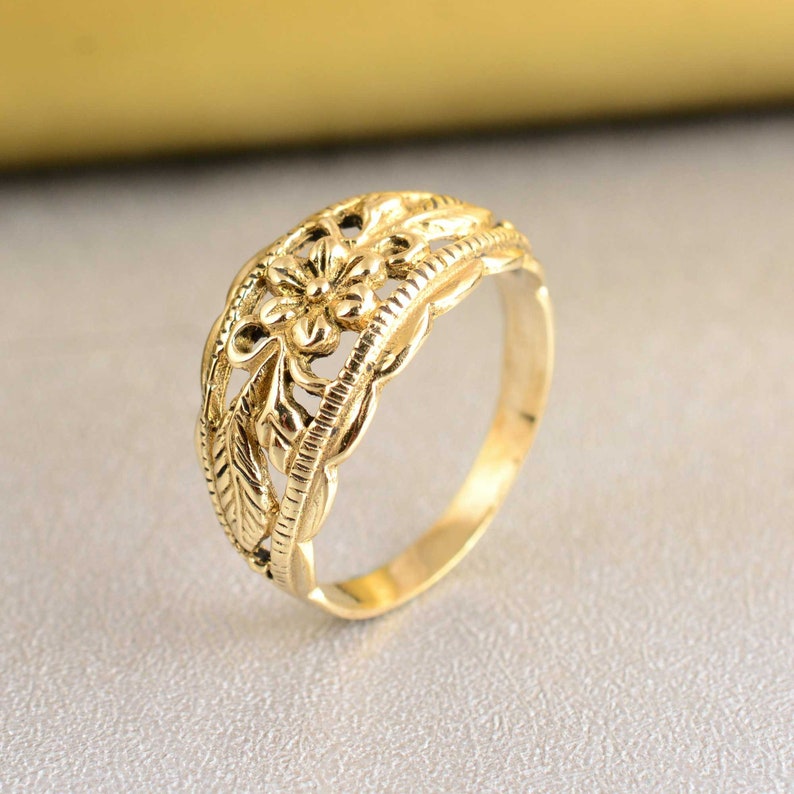 Floral Ring Custom Engraved Ring 14K Gold Plated Vintage Ring
