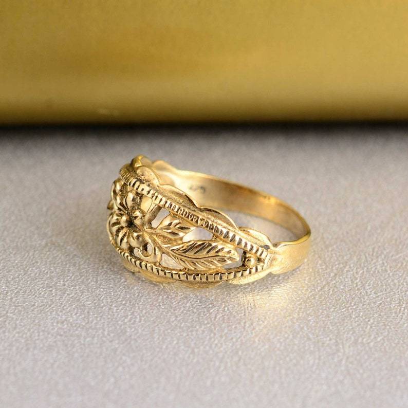Floral Ring Custom Engraved Ring 14K Gold Plated Vintage Ring
